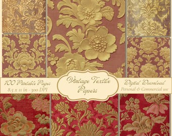 Vintage Textile Papers, Antique Fabric Bundle, Damask Linen Textures, Junk Journal Printable Pages