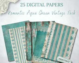 Aqua Vintage Digital Papers, Teal Scrapbook, Distressed Junk Journal Pages, Rustic Stripe Printable Pack