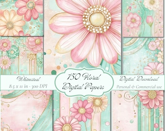 150 Whimsical Flowers Digital Papers Junk Journal Pages Printable Scrapbook Paper Watercolor Floral Pack