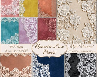 Romantic Lace Digital Papers, Junk Journal Backgrounds and Scrapbook Paper, Vintage Pages, Digital Download