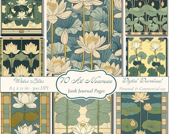 Art Nouveau Water Lily Junk Journal Pages, Lotus Botanical Digital Papers, Vintage Printable Backgrounds