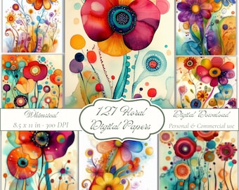 Colorful Flower Digital Papers, Junk Journal Pages, Scrapbook Printables, Decorative Papers, Floral Paper Pack