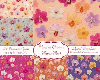 Pressed Orchids Digital Paper Pack, Handmade Paper Textures, Botanical Junk Journal Pages, Scrapbooking Backgrounds