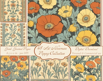 Art Nouveau Poppy Pages Printable, Junk Journal Paper Pack, Vintage Floral William Morris Papers