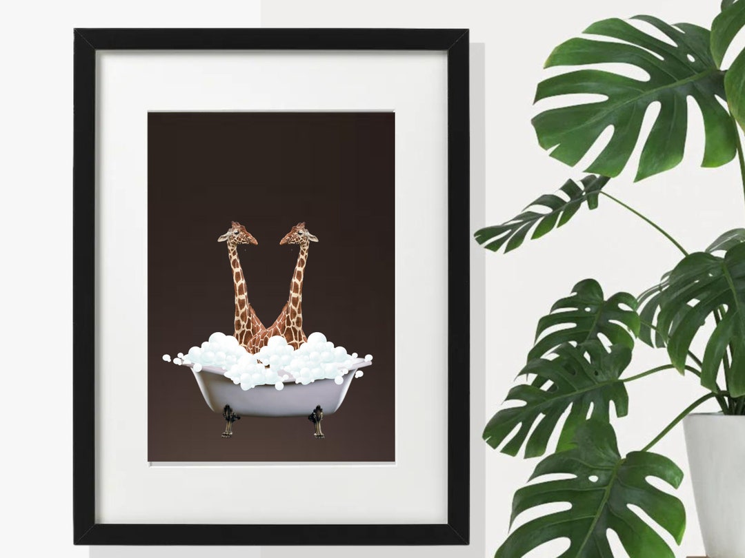 Giraffes in the Bath. Minimalist Wall Art for Bathroom. Fun Animal