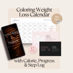 Op de afbeelding: Een digitale kalender voor gewichtsverlies met een smartphone die de tekst From Hiding to Magnetic toont, een maandoverzicht met krooniconen, een 12-maanden tracker en een zwarte kaart met de tekst A ritual, not a task op een lichte achtergrond.