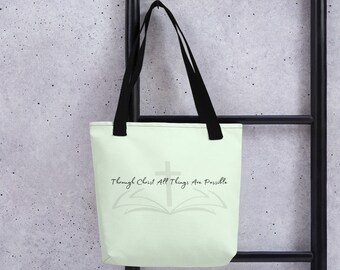 Pastel Green Through Christ Tote bag