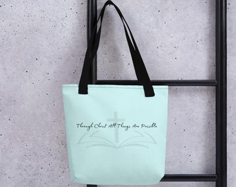 Pastel Blue Through Christ Tote bag