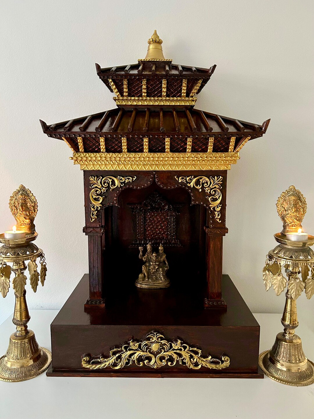 Nepalese Style Pashupatinath Home Decor Pooja Mandir Handmade Wooden Pagoda Style Golden and