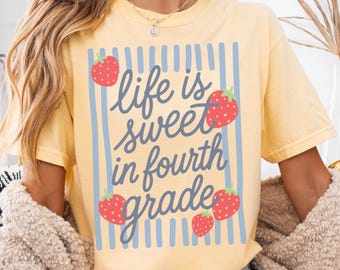 Fourth Grade Strawberries Teacher Shirt, Comfort Colors 4th Grade Crew T-shirt, Back to School Shirts