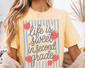 Second Grade Strawberries Teacher Shirt, Comfort Colors 2nd Grade Crew T-shirt, Back to School Shirts