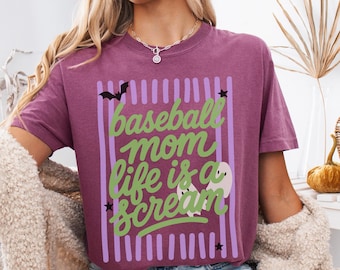 Camiseta divertida de Halloween para mamás beisboleras, camiseta de otoño con fantasmas para mamás beisboleras.