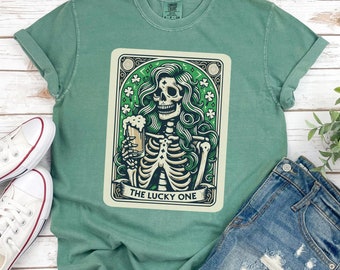 St Patricks Day Shirt, Comfort Colors® Lucky One St Patricks Day Tarot Card T-shirt, Funny Irish Shamrock Tshirt, Skeleton St Paddys Day Tee