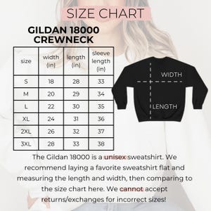 May include: A size chart for a Gildan 18000 crewneck sweatshirt. The chart lists sizes S through 3XL with corresponding width, length, and sleeve length measurements in inches. A black sweatshirt silhouette shows where to measure width and length.