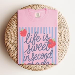 K&ouml;nnte beinhalten: Ein rosa T-Shirt mit dem Text "life is sweet in second grade" in einer verspielten Schriftart. Das Design umfasst blaue Streifen und rote Erdbeeren. Das T-Shirt liegt auf einer runden, gewebten Oberfl&auml;che.