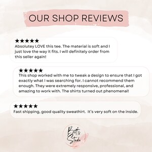 May include: Five-star reviews for a shop selling custom shirts and sweatshirts. The reviews highlight the soft material, fast shipping, and excellent customer service.