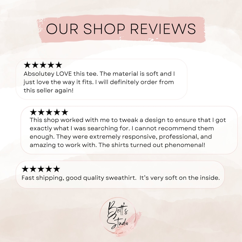 May include: Five-star reviews for a shop selling custom shirts and sweatshirts. The reviews highlight the soft material, fast shipping, and excellent customer service.