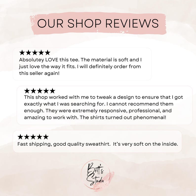 May include: Five star reviews for a shop selling t-shirts and sweatshirts. The reviews highlight the soft material, fast shipping, and excellent customer service.