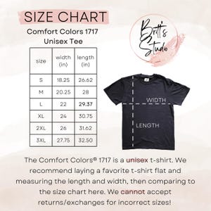 Pode incluir: Tabela de tamanhos para uma camiseta unissex Comfort Colors, modelo 1717. A tabela mostra a largura e o comprimento em polegadas para os tamanhos S, M, L, XL, 2XL e 3XL.