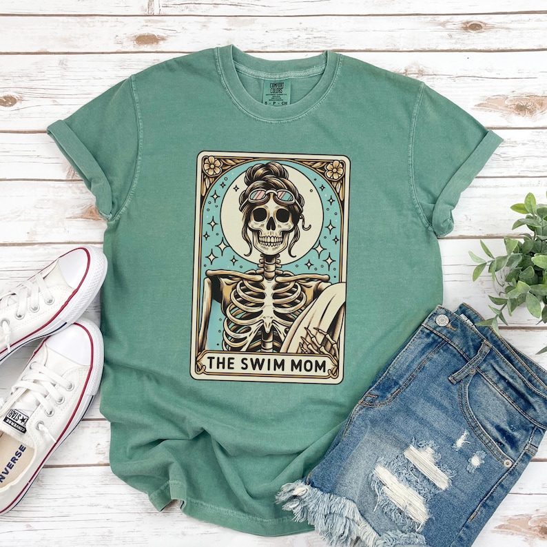 Swim Mom Shirt, Comfort Colors Swimming Mama Tarot Card T-shirt, Fall Halloween Swim Tee, Gift for Swim Team Mom, Swim Mother's Day Gift Light Green