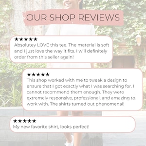 K&ouml;nnte beinhalten: Bild mit Kundenbewertungen f&uuml;r einen Shop. Die Bewertungen sind in wei&szlig;en Sprechblasen mit schwarzen Sternebewertungen. Der Text lautet: "Absolutey LOVE this tee...", "This shop worked with me..." und "My new favorite shirt..."