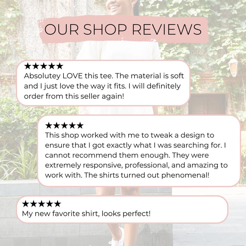K&ouml;nnte beinhalten: Bild mit Kundenbewertungen f&uuml;r einen Shop. Die Bewertungen sind in wei&szlig;en Sprechblasen mit schwarzen Sternebewertungen. Der Text lautet: "Absolutey LOVE this tee...", "This shop worked with me..." und "My new favorite shirt..."