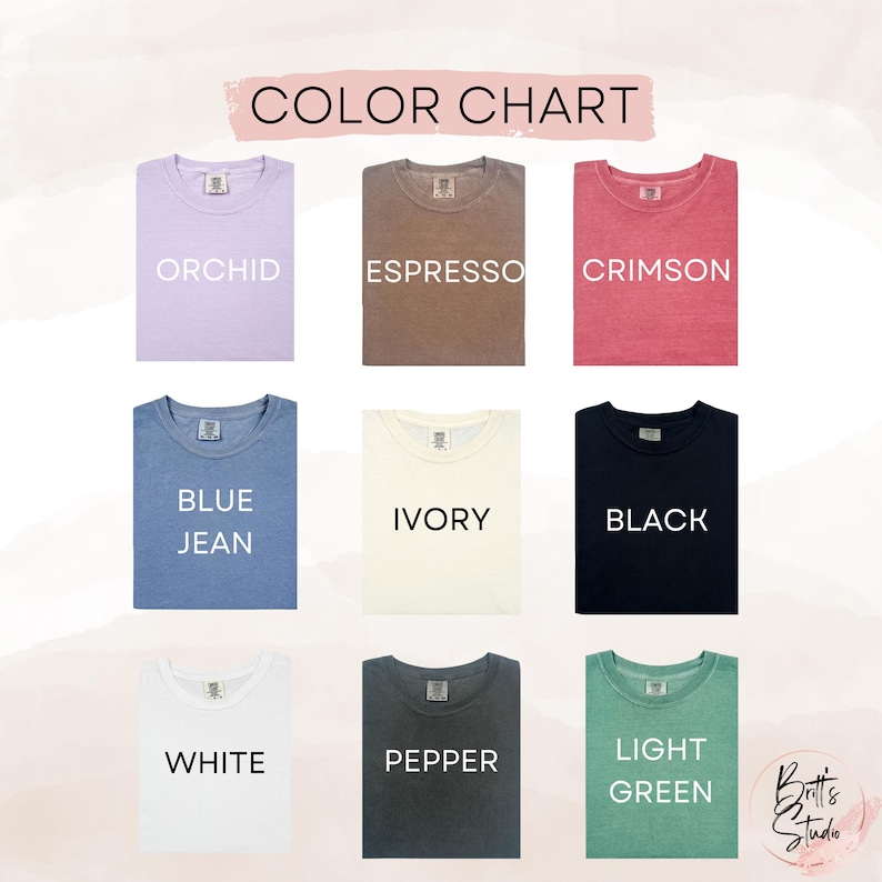 Pode incluir: Carta de cores mostrando 10 cores diferentes de camiseta: Orqu&iacute;dea, Espresso, Carmesim, Jeans azul, Marfim, Preto, Branco, Pimenta, Verde claro.