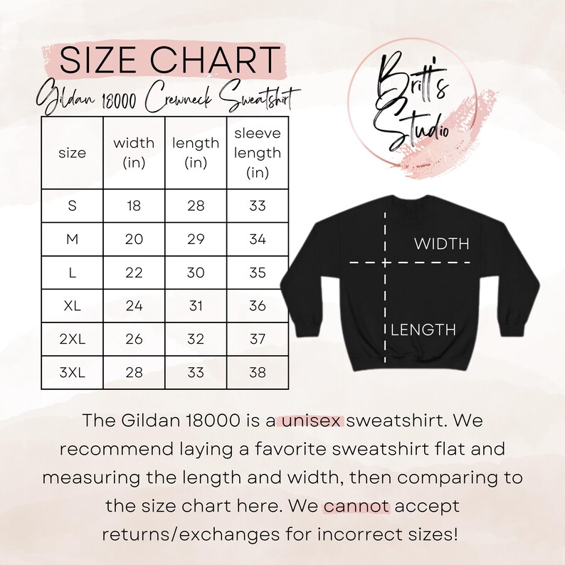 May include: Size chart for Gildan 18000 crewneck sweatshirts. Measurements are in inches. Includes width, length, and sleeve length for sizes S to 3XL. A black sweatshirt graphic shows where to measure width and length. The text says the sweatshirt is unisex.