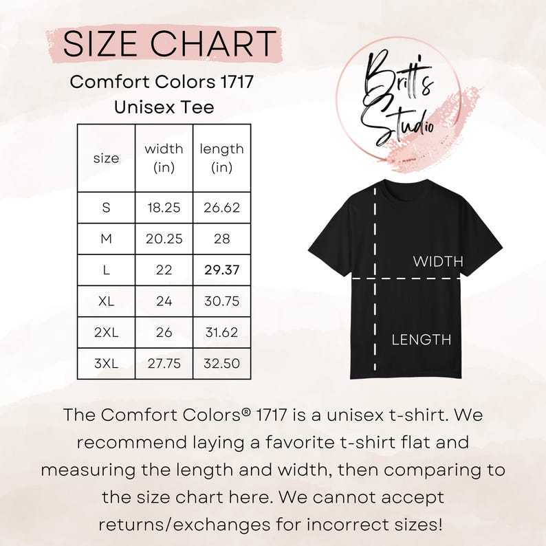 Puede incluir: Tabla de tallas para una camiseta unisex en Comfort Colors 1717. La tabla muestra el ancho y la longitud en pulgadas para las tallas S, M, L, XL, 2XL y 3XL.