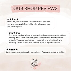 May include: Image of customer reviews for a shop, with text that reads "OUR SHOP REVIEWS". The reviews are positive, mentioning soft materials, good fit, and fast shipping. The shop's logo is at the bottom.