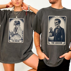 Bride Groom Tarot Card T-Shirts, Comfort Colors Couples Halloween Shirts, Bride or Die Skeleton Tee, Bridal Shower Gift for Newlyweds