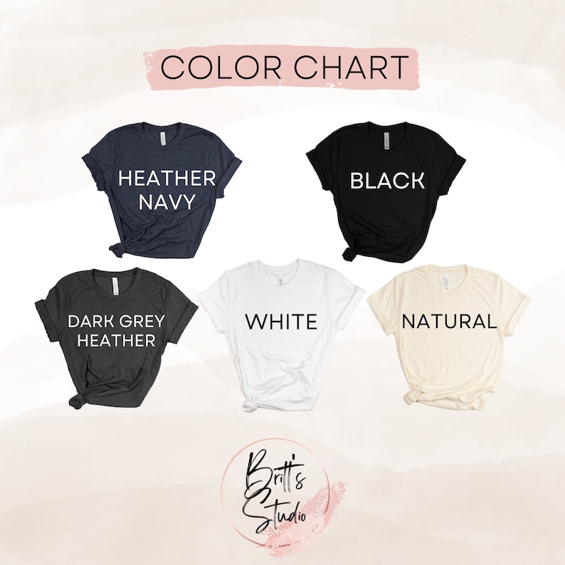 May include: Colour chart showing five different t-shirt colours: heather navy, black, dark grey heather, white, and natural.