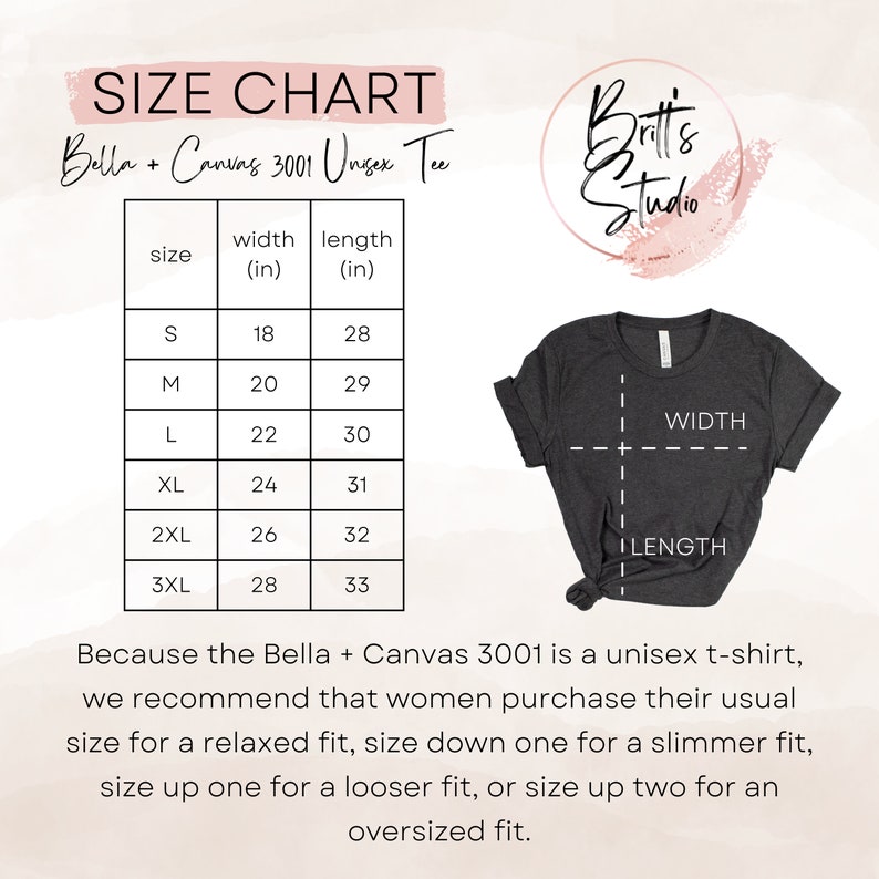 May include: Size chart for Bella + Canvas 3001 unisex t-shirts, showing width and length measurements in inches for sizes S through 3XL. The chart includes a visual representation of the measurements on a grey t-shirt.