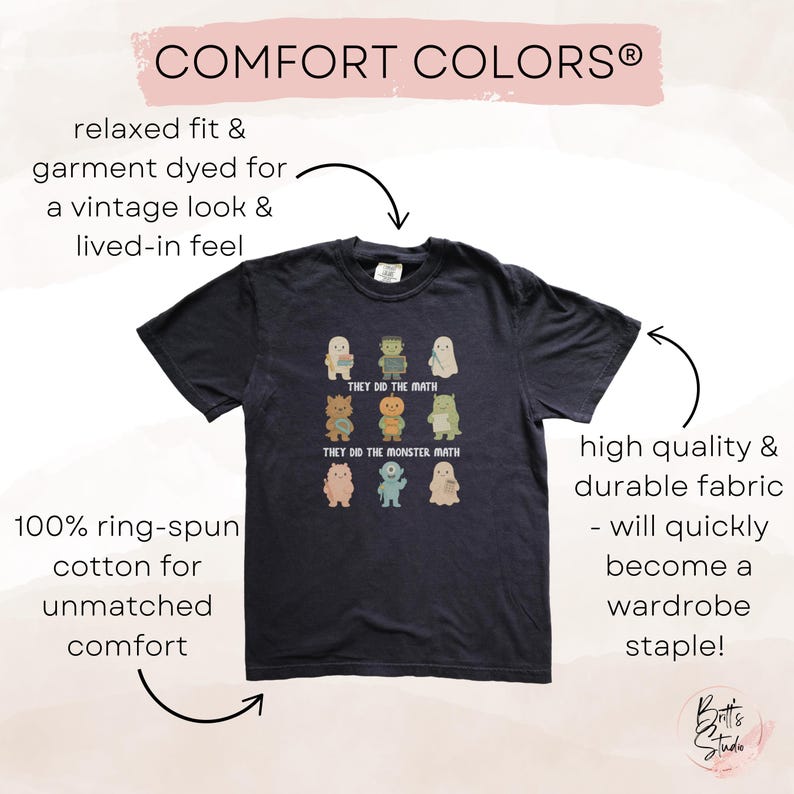 May include: Dark navy blue t-shirt with a crew neck featuring a colorful graphic of cartoon monsters and the text "THEY DID THE MATH" and "THEY DID THE MONSTER MATH". The shirt is made of 100% ring-spun cotton.