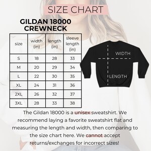 Puede incluir: Tabla de tallas para una sudadera unisex Gildan 18000. La tabla muestra las medidas en cm de ancho, largo y largo de manga para las tallas S a 3XL. El texto recomienda comparar las medidas.