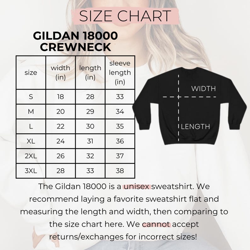 Puede incluir: Tabla de tallas para una sudadera unisex Gildan 18000. La tabla muestra las medidas en cm de ancho, largo y largo de manga para las tallas S a 3XL. El texto recomienda comparar las medidas.