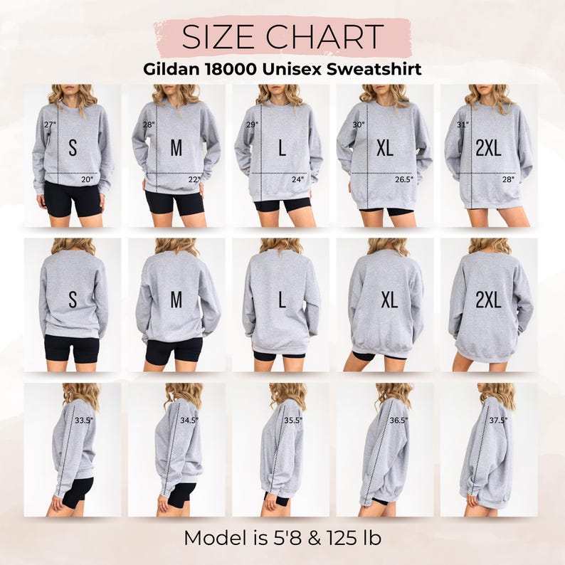 May include: A size chart for a Gildan 18000 unisex sweatshirt showing front, back, and side views for sizes S through 2XL. The chart displays measurements in inches, ranging from 20 to 28 inches in width and 27 to 37.5 inches in length for the model.