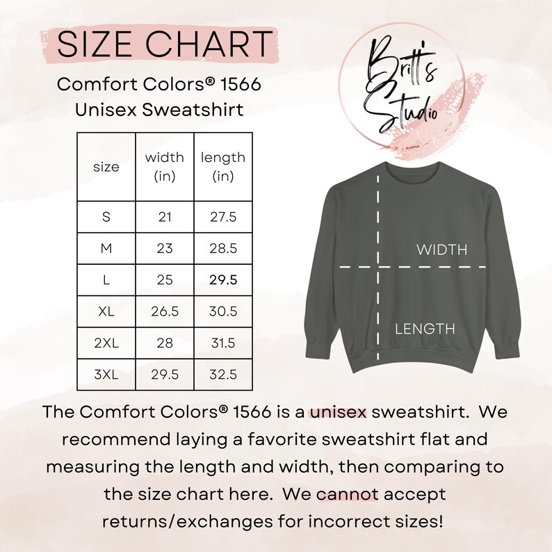 May include: A size chart for a Comfort Colors 1566 unisex sweatshirt. The chart shows measurements in inches for sizes S through 3XL. A green sweatshirt is shown with dashed lines indicating width and length measurements. The text also states the sweatshirt is unisex.