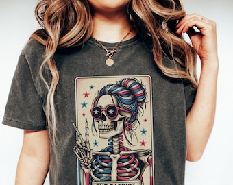 4th of July Shirt, Comfort Colors Patriot Fourth of July Tarot Card T-shirt, Spooky Independence Day Tee, Skeleton American July 4th Gift