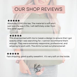Puede incluir: Imagen que muestra rese&ntilde;as de clientes para una tienda. Las rese&ntilde;as destacan el material suave, el buen ajuste, el env&iacute;o r&aacute;pido y la calidad. El nombre de la tienda, "Britt's Studio", es visible en la parte inferior de la imagen.