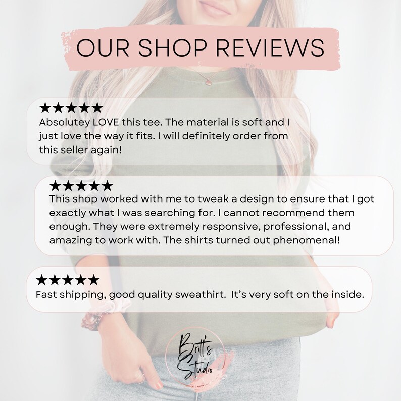 Puede incluir: Imagen que muestra rese&ntilde;as de clientes para una tienda. Las rese&ntilde;as destacan el material suave, el buen ajuste, el env&iacute;o r&aacute;pido y la calidad. El nombre de la tienda, "Britt's Studio", es visible en la parte inferior de la imagen.