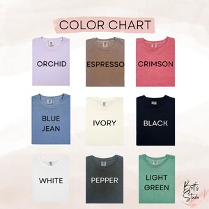 May include: Colour chart showing 10 different t-shirt colours: Orchid, Espresso, Crimson, Blue Jean, Ivory, Black, White, Pepper, Light Green.