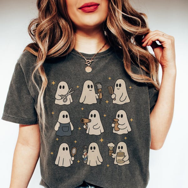 Hair Dresser Halloween Shirt, Hair Stylist Halloween Comfort Colors T-Shirt, Cute Spooky Ghosts Barber Tee, Fall Gift for Hairstylist