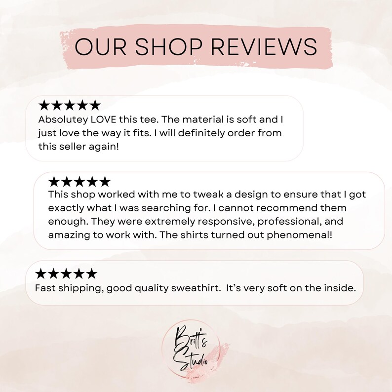 May include: Image displaying customer reviews for a shop, with text bubbles showing five-star ratings and positive feedback on product quality, fit, and service. The shop's logo is visible at the bottom.