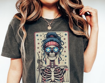 4th of July Shirt, Comfort Colors Patriot Fourth of July Tarot Card T-shirt, Spooky Independence Day Tee, Skeleton American July 4th Gift