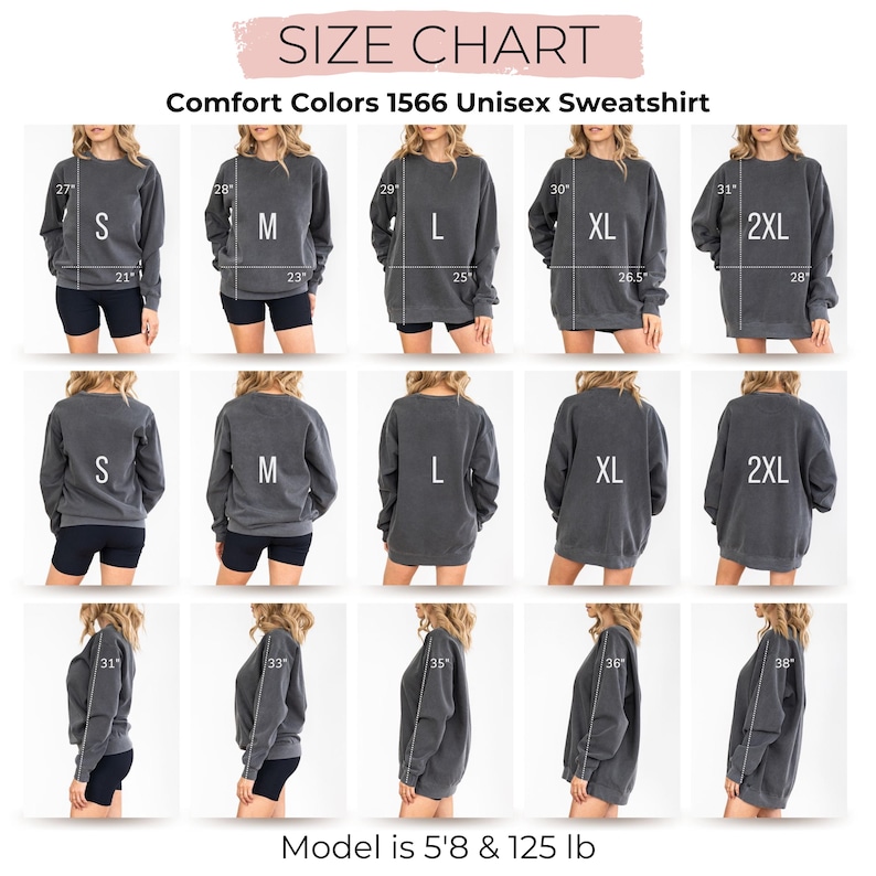 Puede incluir: Tabla de tallas para la sudadera unisex Comfort Colors 1566. La tabla muestra las medidas para las tallas S, M, L, XL y 2XL. La modelo mide 173 cm y pesa 57 kg.