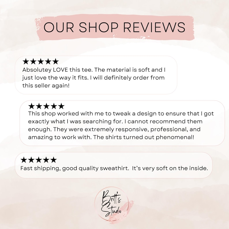 May include: Five-star reviews for a shop selling clothing. The reviews highlight the quality of the materials, the responsiveness of the shop owner, and the overall positive experience. The shop logo is visible at the bottom of the image.