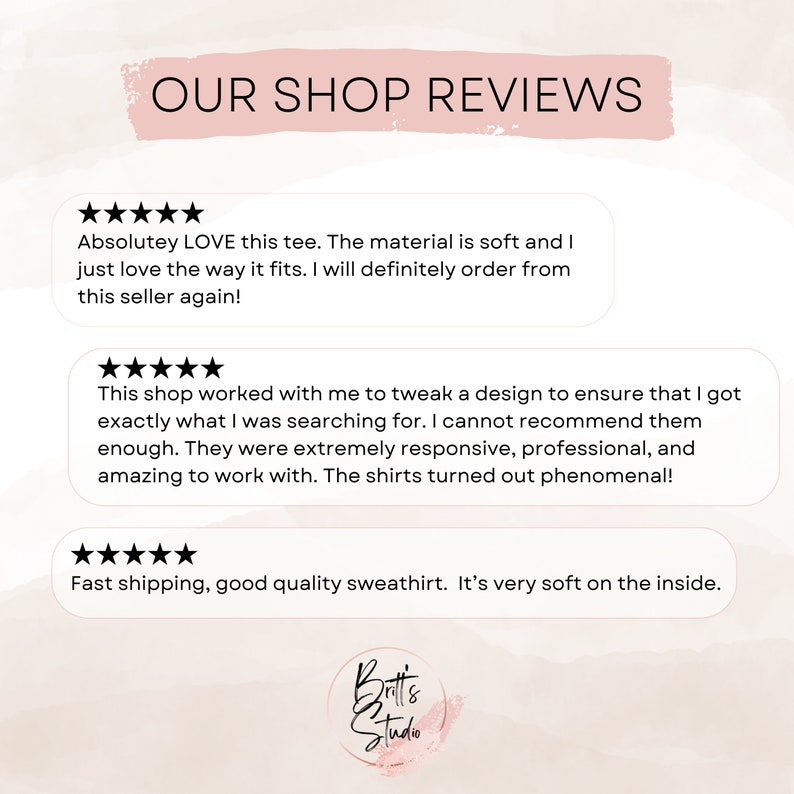 May include: Five-star reviews for a shop selling custom shirts and sweatshirts. The reviews highlight the soft material, fast shipping, and excellent customer service.