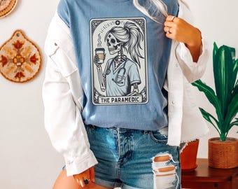 Paramedic Shirt, Comfort Colors Paramedic Tarot Card T-shirt, Halloween EMT Tee, Gift for First Responder, Witchy Skeleton Paramedic Tshirt