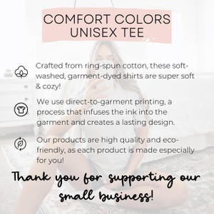 K&ouml;nnte beinhalten: Das Bild zeigt den Text "COMFORT COLORS UNISEX TEE" und "Vielen Dank f&uuml;r die Unterst&uuml;tzung unseres kleinen Unternehmens!" Es beschreibt weiche, st&uuml;ckgef&auml;rbte Shirts aus Ringspinnbaumwolle, die im Direktdruckverfahren bedruckt werden.